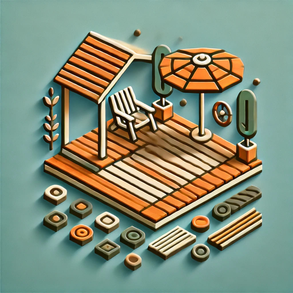 Icône 2D de lames et dalles de terrasse en bois et composite, dédiée à la réutilisation des restes de chantier pour la construction et la rénovation.