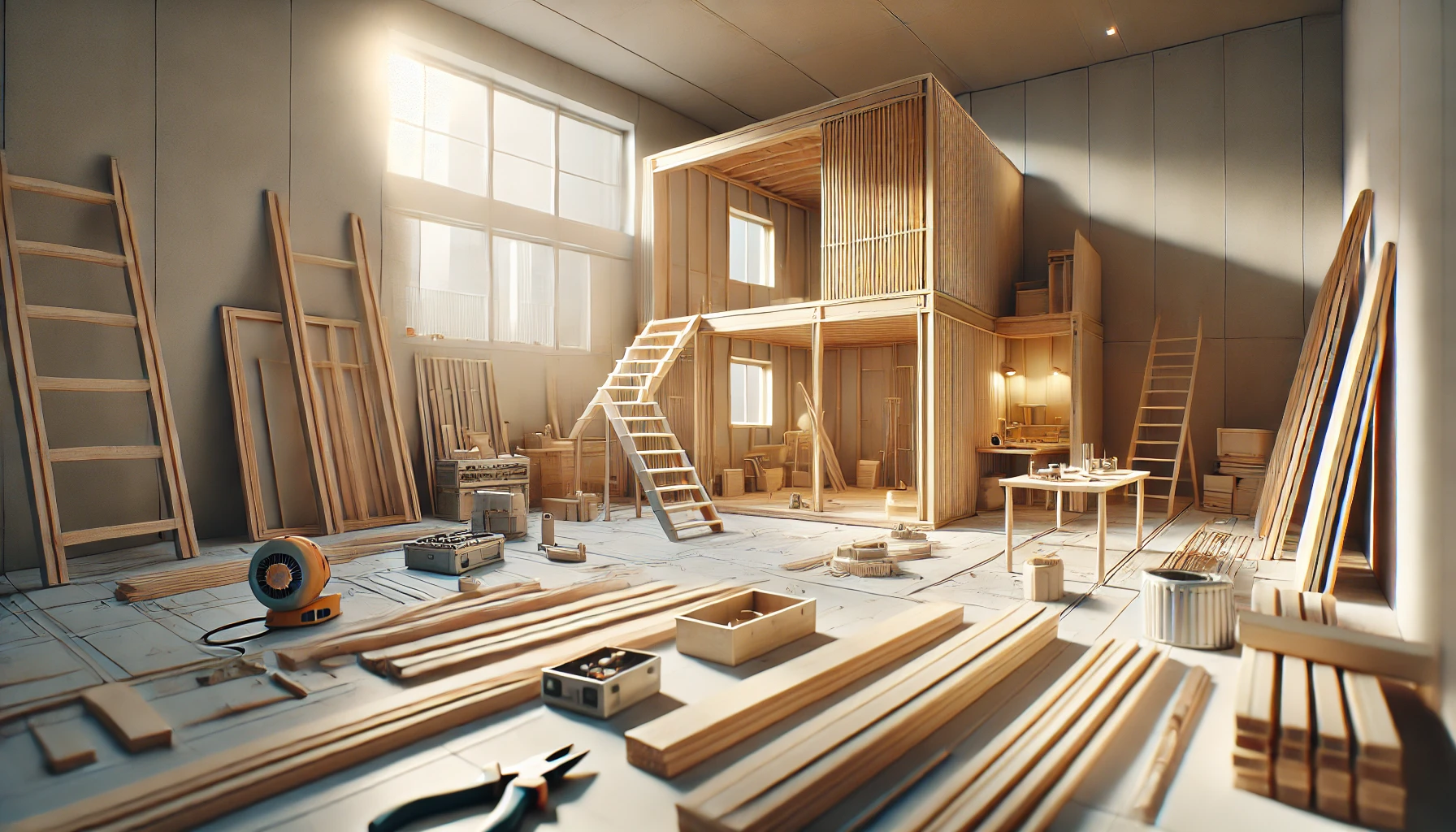 Image SEO-friendly d'un atelier de construction éclairé naturellement, illustrant la réutilisation de matériaux restants de chantier. Cette scène représente l'engagement de Rab2Chantier, une marketplace innovante spécialisée dans les matériaux de construction durables, pour un avenir plus écologique et responsable.