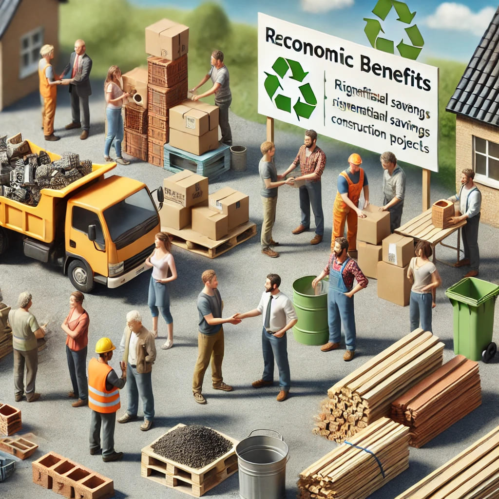 Communauté locale échangeant des matériaux de construction tels que des briques, du bois et des tuiles, avec une pancarte indiquant les bénéfices économiques