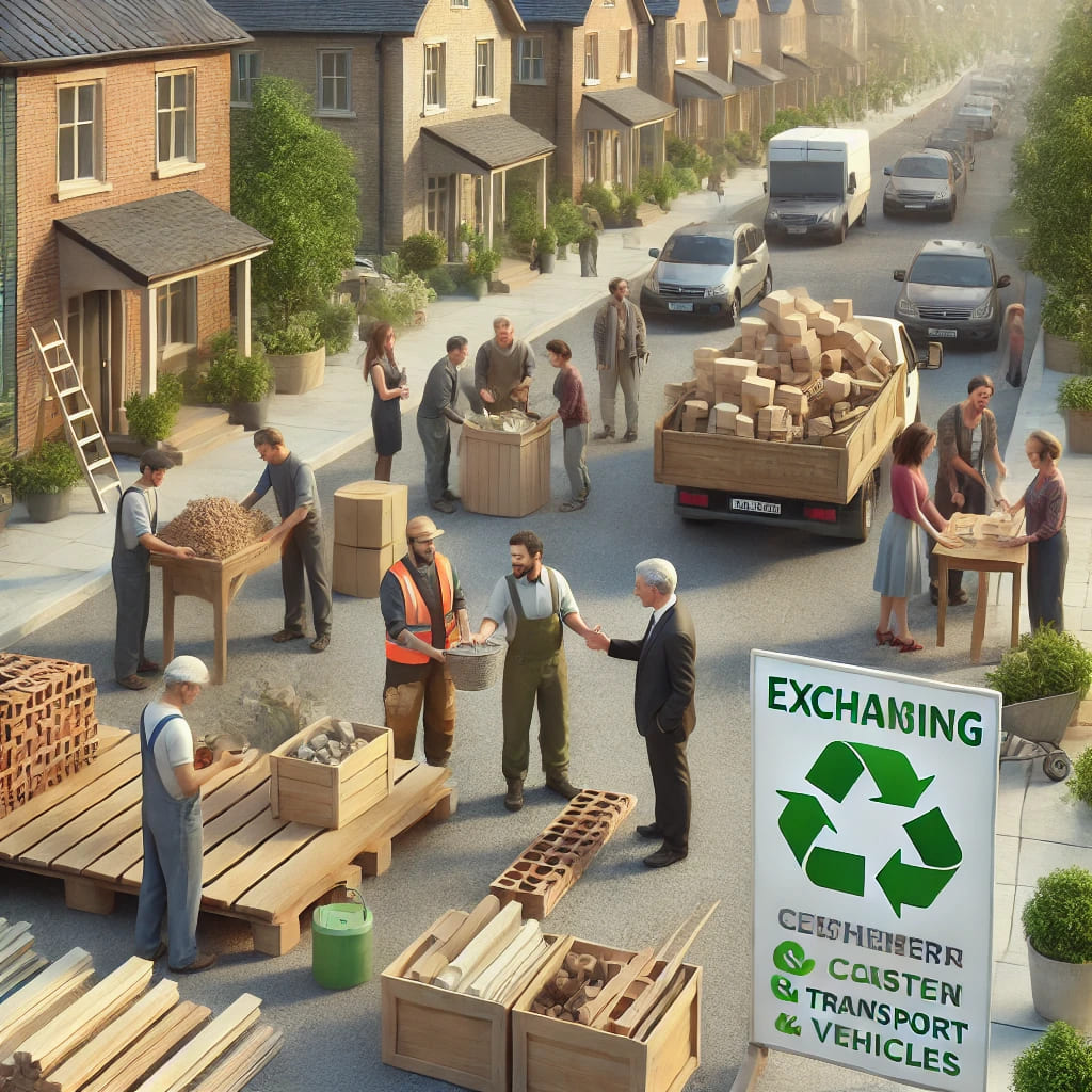 Communauté locale échangeant des matériaux de construction tels que des briques, du bois et des tuiles.