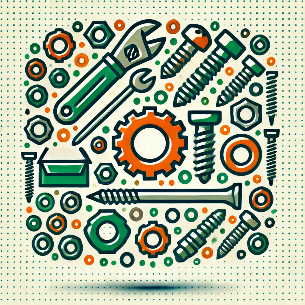 Icône 2D de quincaillerie, incluant vis, boulons et écrous, dédiée à la réutilisation des restes de chantier pour la construction et la rénovation.