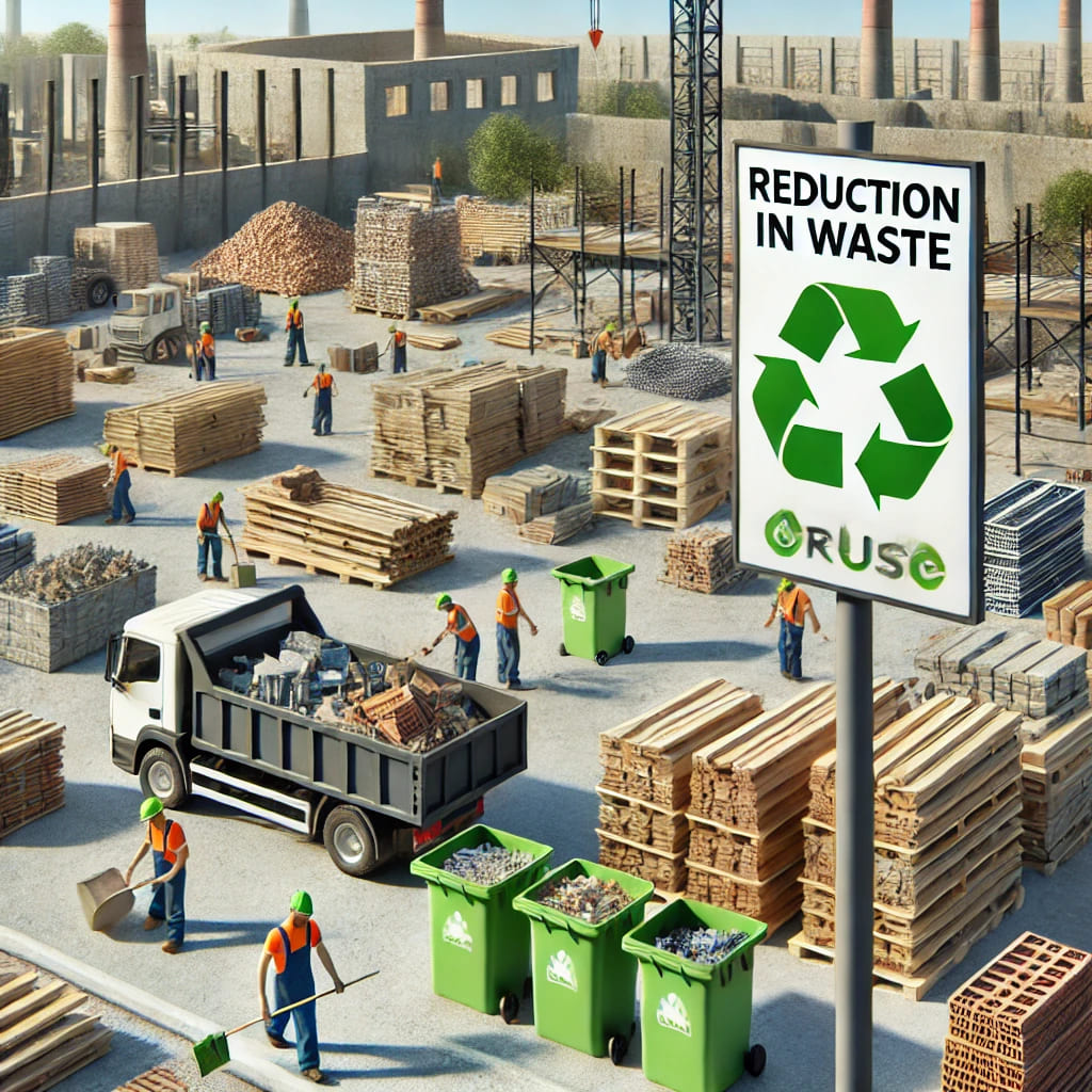 Site de construction avec des matériaux réutilisés et une réduction notable des déchets, montrant moins de décharges et une signalisation de recyclage.