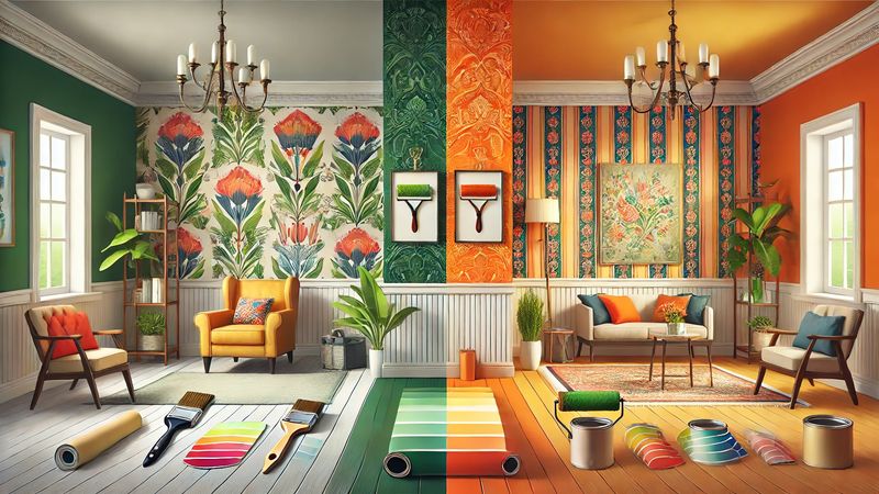 Illustration montrant la comparaison entre le papier peint et la peinture pour les projets de décoration.