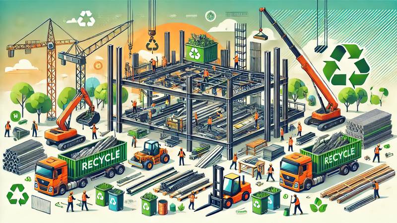 Illustration montrant les avantages économiques et environnementaux de l'utilisation de la ferraille recyclée dans la construction.