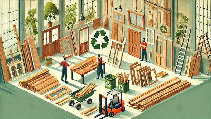 Illustration montrant les matériaux de menuiserie d'occasion comme une option durable.