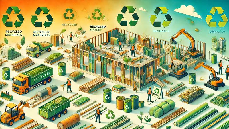 Illustration montrant l'utilisation de matériaux recyclés pour des projets de construction durables.