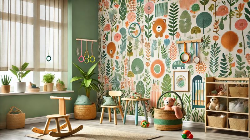 Illustration montrant pourquoi choisir du papier peint écologique et d'occasion pour la chambre de votre enfant est une option durable et saine.
