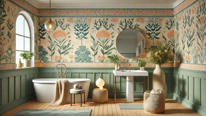 Illustration montrant l'utilisation de papier peint d'occasion dans une salle de bain.