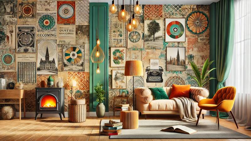 Illustration montrant comment créer une décoration unique et économique avec du papier peint personnalisé d'occasion.