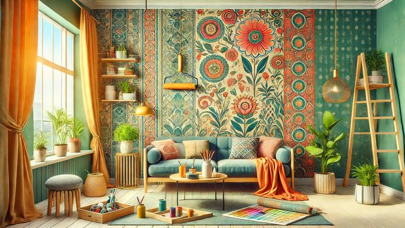 Illustration montrant comment rénover votre intérieur avec du papier peint d'occasion à petit prix.