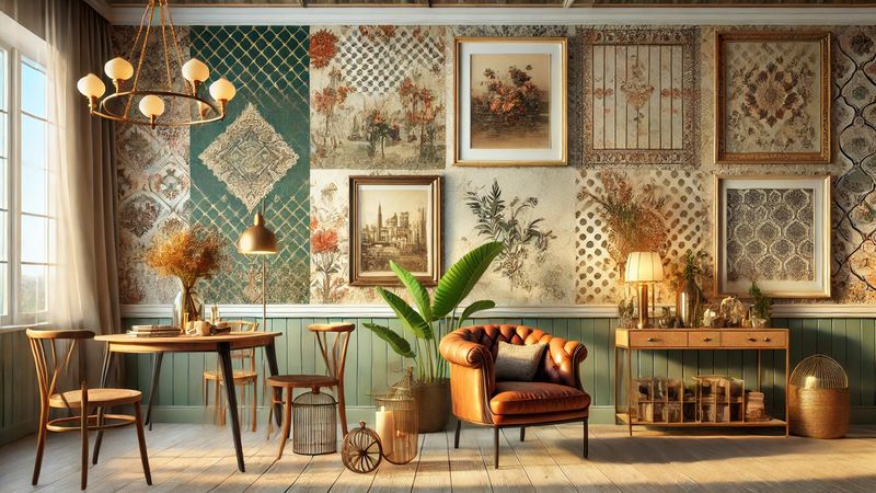 Illustration montrant comment le papier peint vintage d'occasion revient en force dans les tendances déco actuelles.
