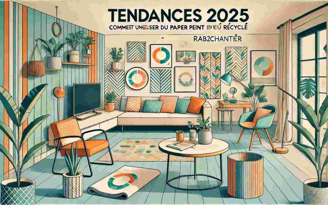 Illustration montrant les tendances 2025 pour utiliser du papier peint recyclé dans votre intérieur.
